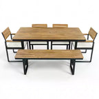 Ensemble de salle à manger d'extérieur en bois Whisen 6 pièces pour 6-7 personnes, ensemble de sièges de salle à manger de jardin de patio, 1 table rectangulaire et 1 banc et 4 chaises avec coussins