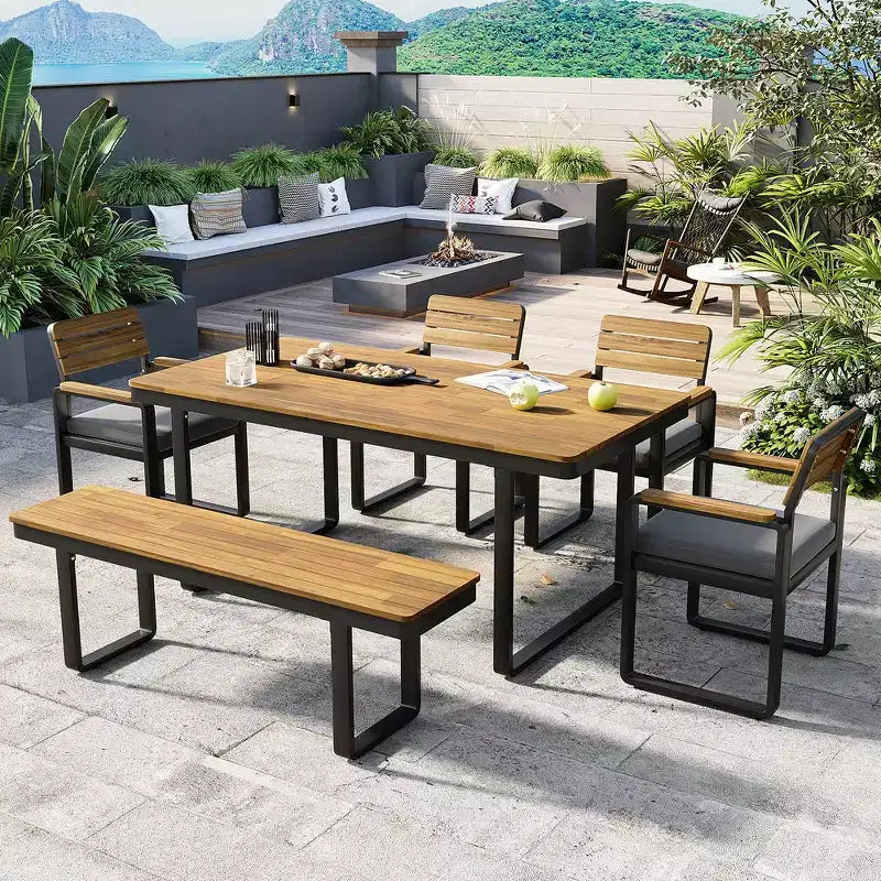 Ensemble de salle à manger d'extérieur en bois Whisen 6 pièces pour 6-7 personnes, ensemble de sièges de salle à manger de jardin de patio, 1 table rectangulaire et 1 banc et 4 chaises avec coussins