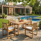 ModernLuxe 5/7-Piece Outdoor Dining Table Set, 71 Acacia Wood Table with Cushions + 6 Rope Back Dining Chairs, Light Teak Finish
