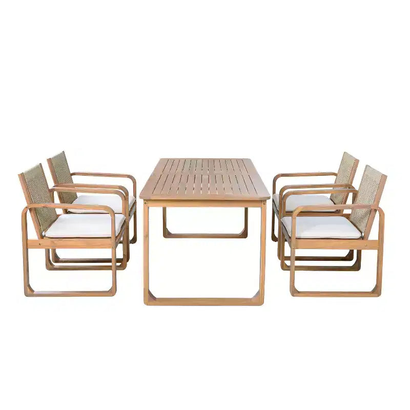 ModernLuxe Set da Pranzo per Esterni da 5/7 Pezzi, Tavolo in Legno di Acacia da 180 cm con Cuscini + 6 Sedie da Pranzo con Schienale in Corda, Finitura Teak Chiaro
