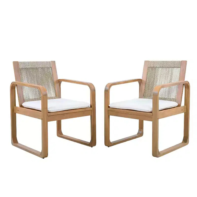 ModernLuxe Set da Pranzo per Esterni da 5/7 Pezzi, Tavolo in Legno di Acacia da 180 cm con Cuscini + 6 Sedie da Pranzo con Schienale in Corda, Finitura Teak Chiaro