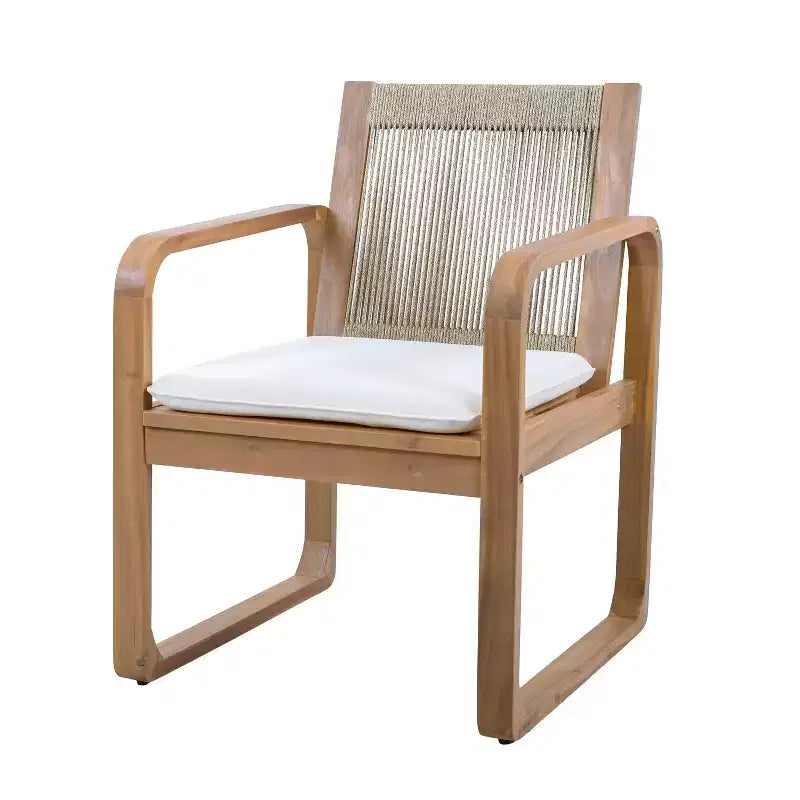 ModernLuxe Set da Pranzo per Esterni da 5/7 Pezzi, Tavolo in Legno di Acacia da 180 cm con Cuscini + 6 Sedie da Pranzo con Schienale in Corda, Finitura Teak Chiaro