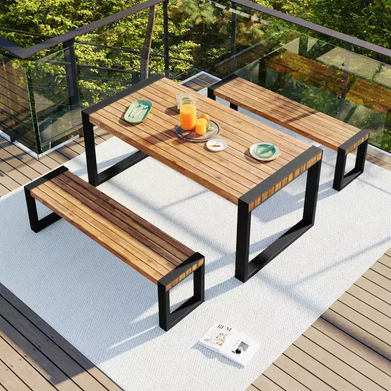 GDFStudio Ensemble de salle à manger Wesley avec table et 2 bancs en bois d'acacia et acier pour terrasse