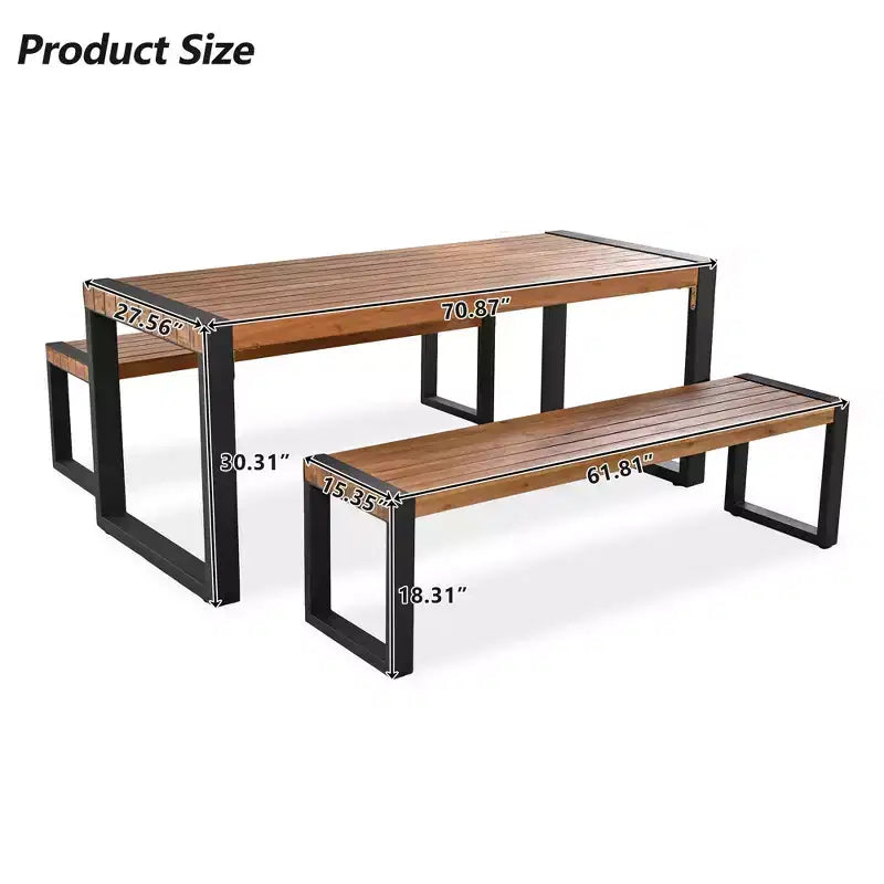 GDFStudio Ensemble de salle à manger Wesley avec table et 2 bancs en bois d'acacia et acier pour terrasse