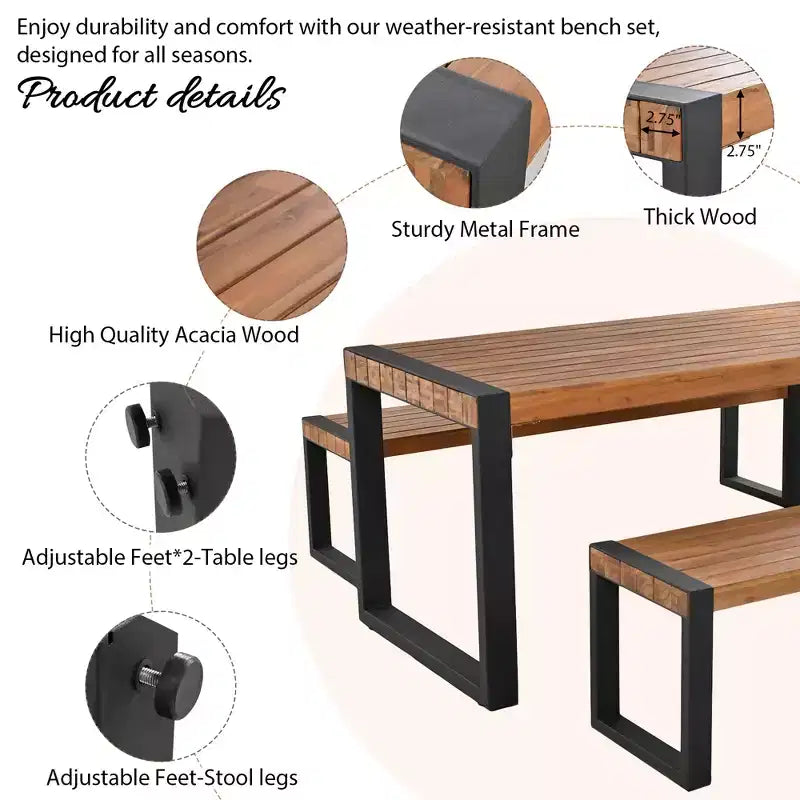 GDFStudio Ensemble de salle à manger Wesley avec table et 2 bancs en bois d'acacia et acier pour terrasse
