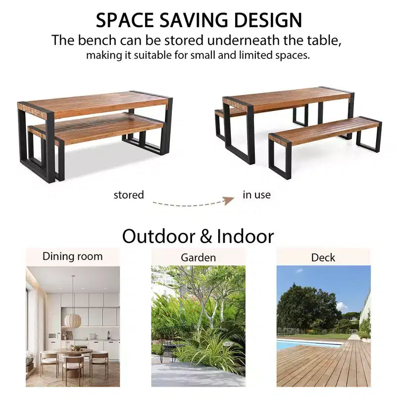 GDFStudio Ensemble de salle à manger Wesley avec table et 2 bancs en bois d'acacia et acier pour terrasse