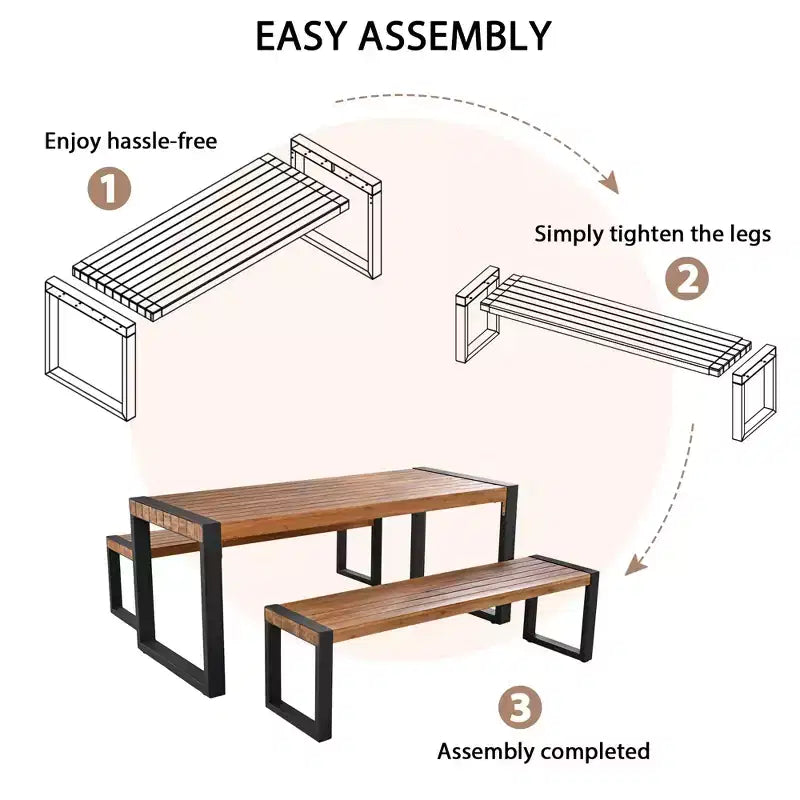 GDFStudio Ensemble de salle à manger Wesley avec table et 2 bancs en bois d'acacia et acier pour terrasse
