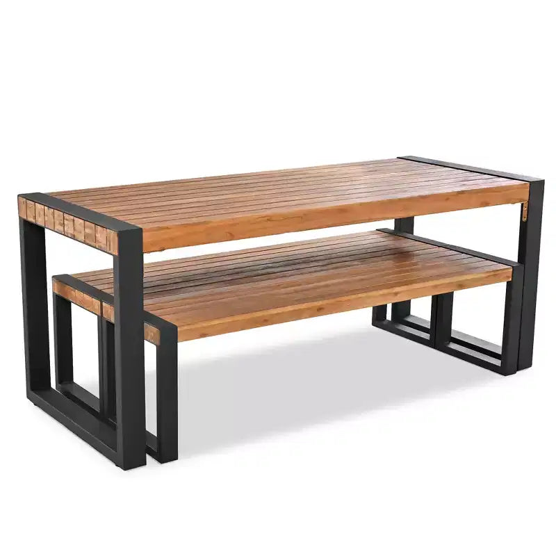 GDFStudio Ensemble de salle à manger Wesley avec table et 2 bancs en bois d'acacia et acier pour terrasse