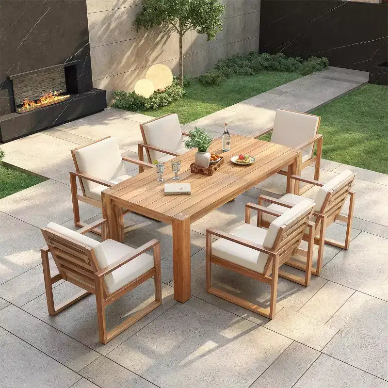 Set da pranzo per esterni a 7 pezzi per 6 persone con foro per ombrellone, tavolo e sedie da patio in legno con cuscini rimovibili per giardino o patio-Panipeachy