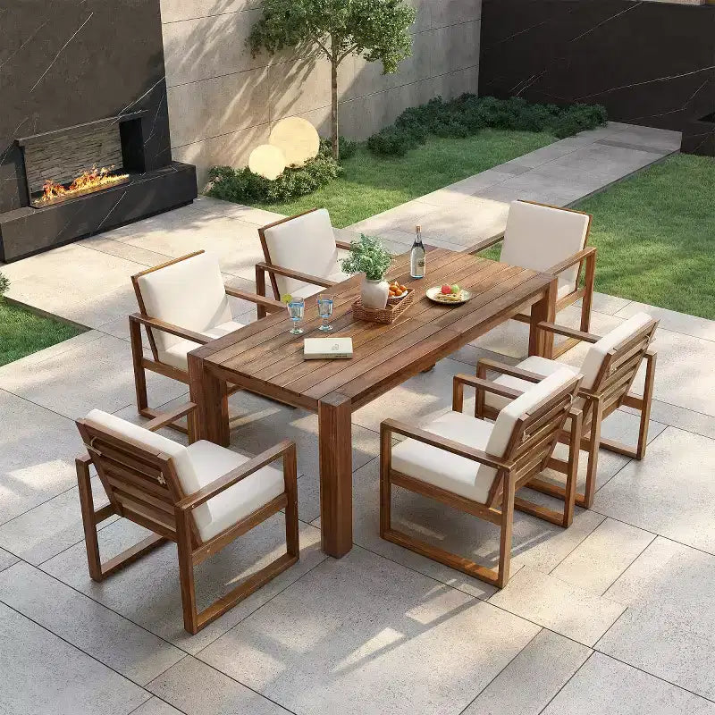 Set da pranzo per esterni a 7 pezzi per 6 persone con foro per ombrellone, tavolo e sedie da patio in legno con cuscini rimovibili per giardino o patio-Panipeachy