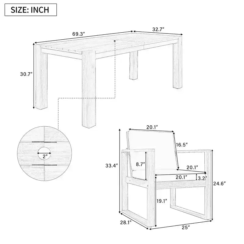 Set da pranzo per esterni a 7 pezzi per 6 persone con foro per ombrellone, tavolo e sedie da patio in legno con cuscini rimovibili per giardino o patio-Panipeachy