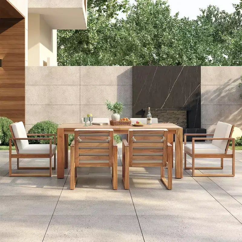 Set da pranzo per esterni a 7 pezzi per 6 persone con foro per ombrellone, tavolo e sedie da patio in legno con cuscini rimovibili per giardino o patio-Panipeachy