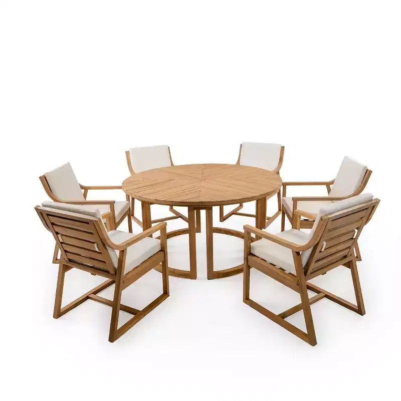 Set da pranzo da esterni in legno di 7 pezzi per 6 persone, tavolo rotondo con foro per ombrellone e sedie imbottite per giardino o cortile-Panipeachy