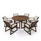 Set da pranzo da esterni in legno di 7 pezzi per 6 persone, tavolo rotondo con foro per ombrellone e sedie imbottite per giardino o cortile-Panipeachy