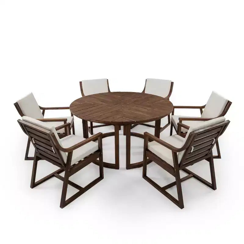 Set da pranzo da esterni in legno di 7 pezzi per 6 persone, tavolo rotondo con foro per ombrellone e sedie imbottite per giardino o cortile-Panipeachy