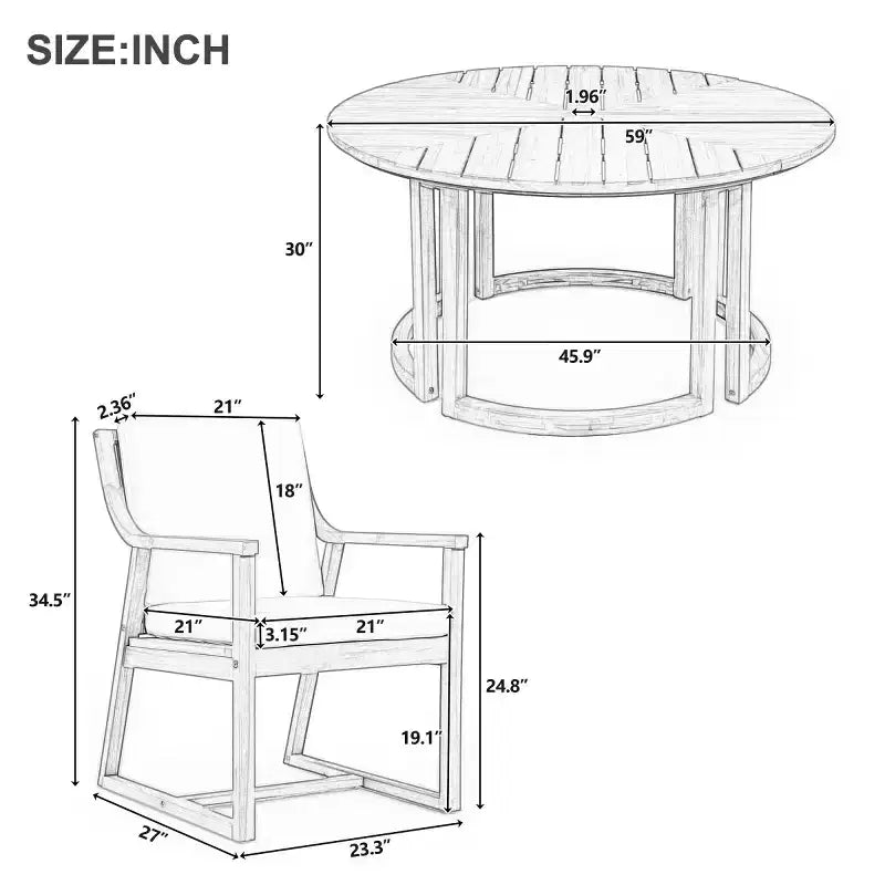 Set da pranzo da esterni in legno di 7 pezzi per 6 persone, tavolo rotondo con foro per ombrellone e sedie imbottite per giardino o cortile-Panipeachy