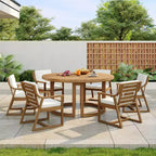 Set da pranzo da esterni in legno di 7 pezzi per 6 persone, tavolo rotondo con foro per ombrellone e sedie imbottite per giardino o cortile-Panipeachy