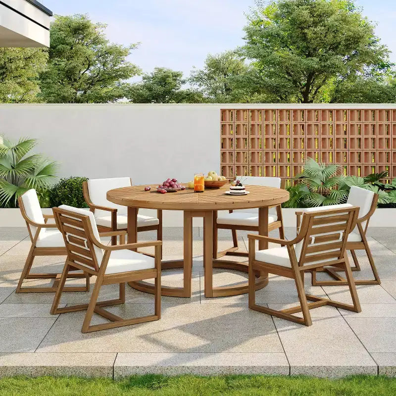Set da pranzo da esterni in legno di 7 pezzi per 6 persone, tavolo rotondo con foro per ombrellone e sedie imbottite per giardino o cortile-Panipeachy