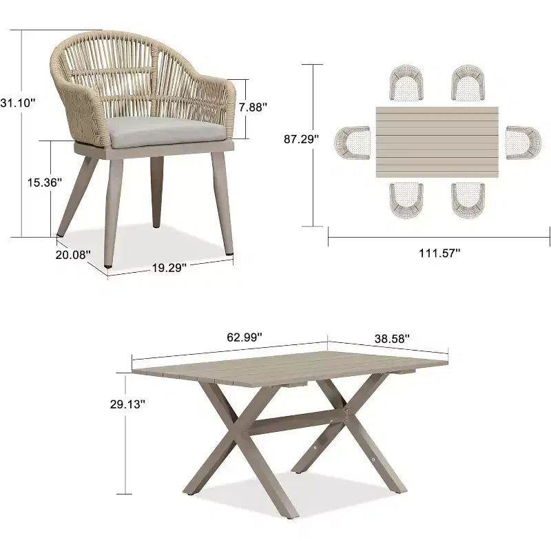 Ensemble de salle à manger d'extérieur PURPLE LEAF avec table à manger en aluminium et chaises en rotin tressé