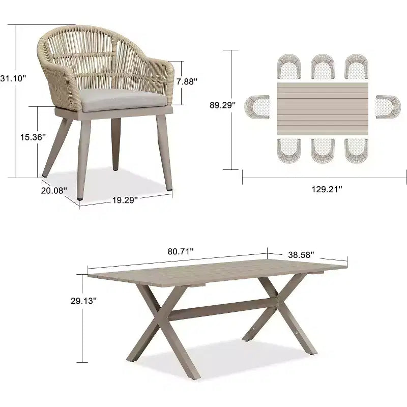 Ensemble de salle à manger d'extérieur PURPLE LEAF avec table à manger en aluminium et chaises en rotin tressé