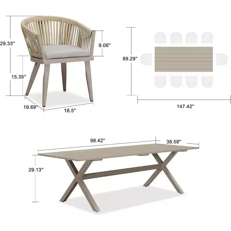 Ensemble de salle à manger d'extérieur PURPLE LEAF avec table à manger en aluminium et chaises en rotin tressé
