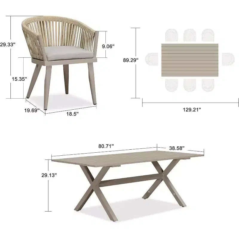 Ensemble de salle à manger d'extérieur PURPLE LEAF avec table à manger en aluminium et chaises en rotin tressé