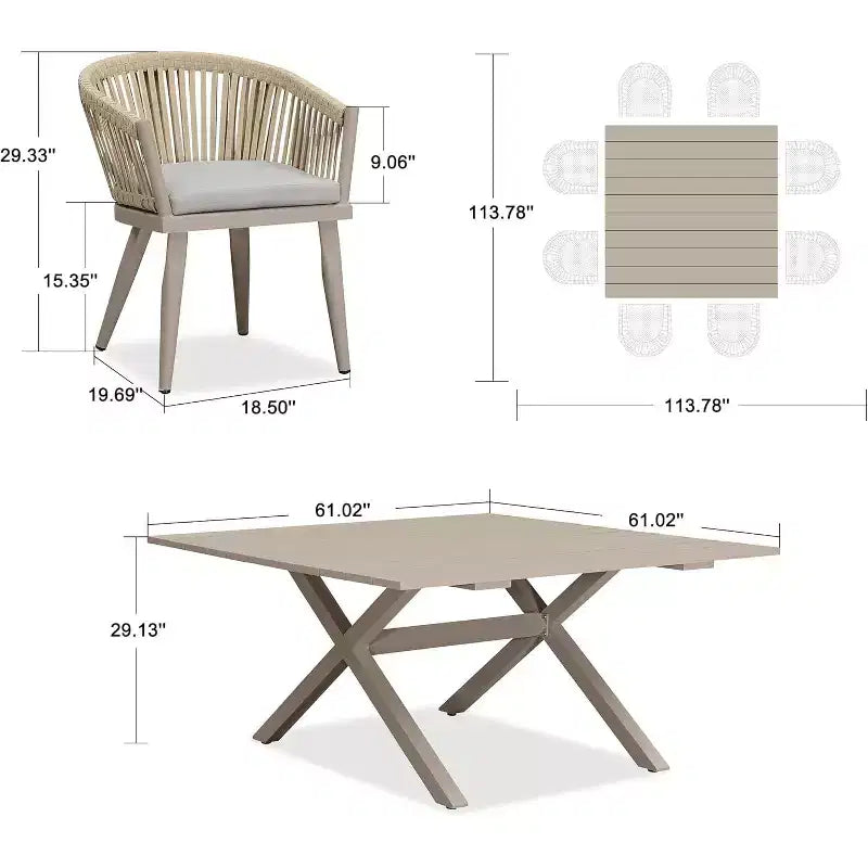 Ensemble de salle à manger d'extérieur PURPLE LEAF avec table à manger en aluminium et chaises en rotin tressé