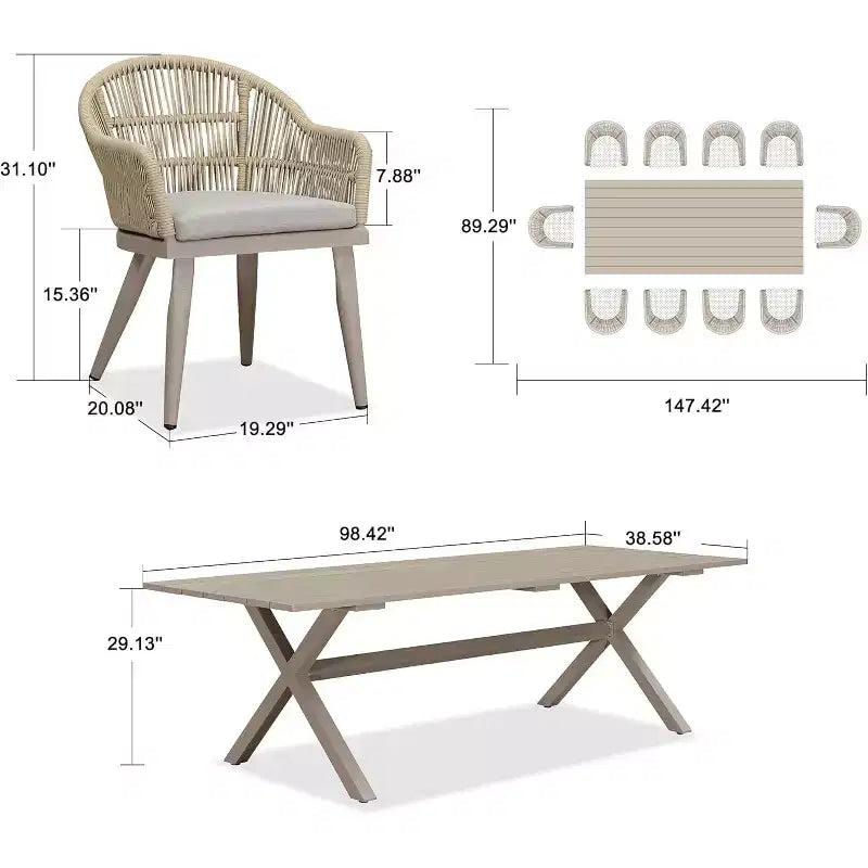Ensemble de salle à manger d'extérieur PURPLE LEAF avec table à manger en aluminium et chaises en rotin tressé
