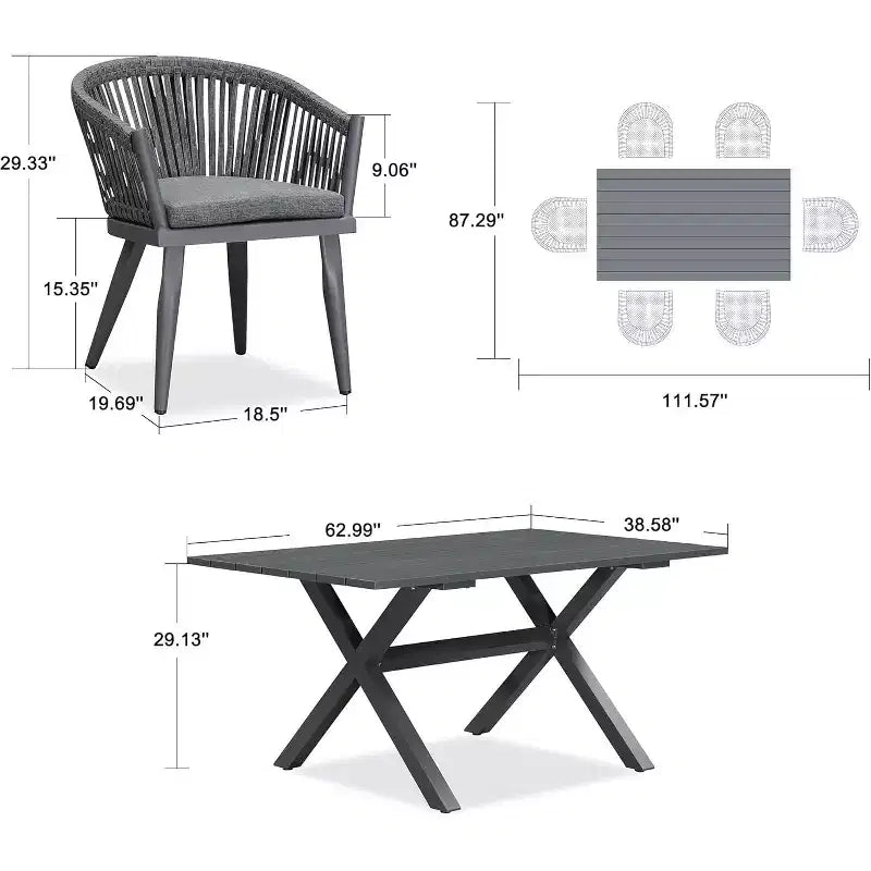 Ensemble de salle à manger d'extérieur PURPLE LEAF avec table à manger en aluminium et chaises en rotin tressé