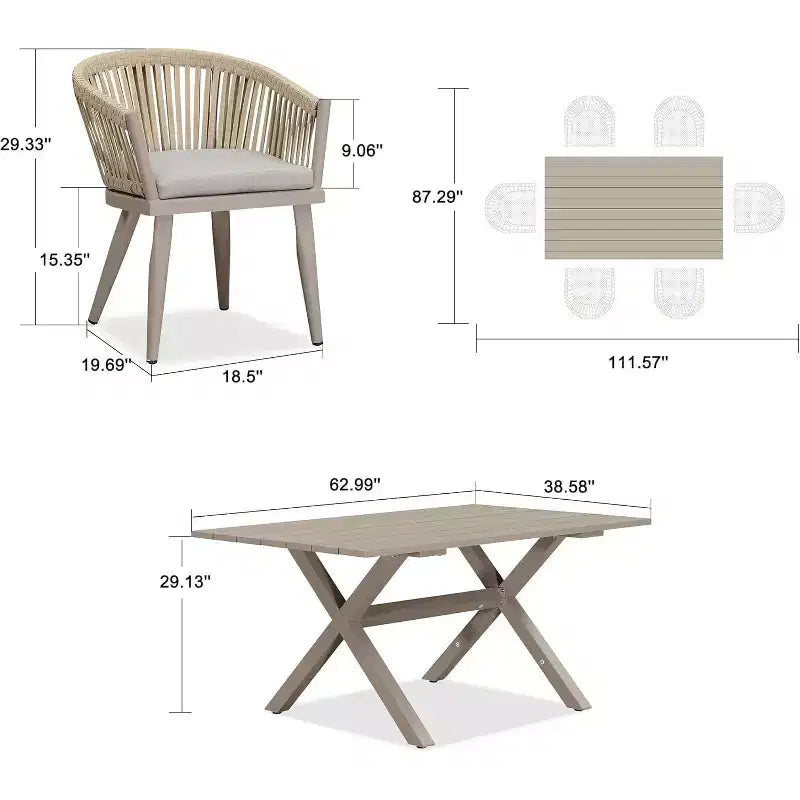 Ensemble de salle à manger d'extérieur PURPLE LEAF avec table à manger en aluminium et chaises en rotin tressé