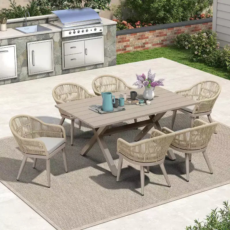 Ensemble de salle à manger d'extérieur PURPLE LEAF avec table à manger en aluminium et chaises en rotin tressé