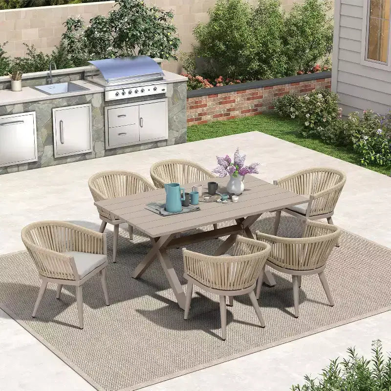 Ensemble de salle à manger d'extérieur PURPLE LEAF avec table à manger en aluminium et chaises en rotin tressé