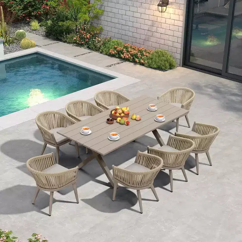 Ensemble de salle à manger d'extérieur PURPLE LEAF avec table à manger en aluminium et chaises en rotin tressé