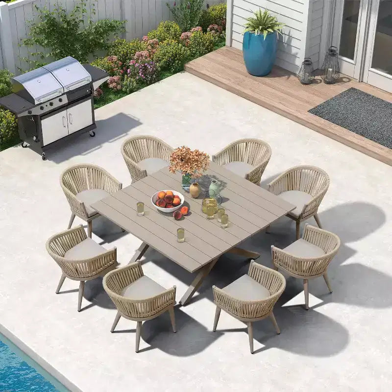 Ensemble de salle à manger d'extérieur PURPLE LEAF avec table à manger en aluminium et chaises en rotin tressé