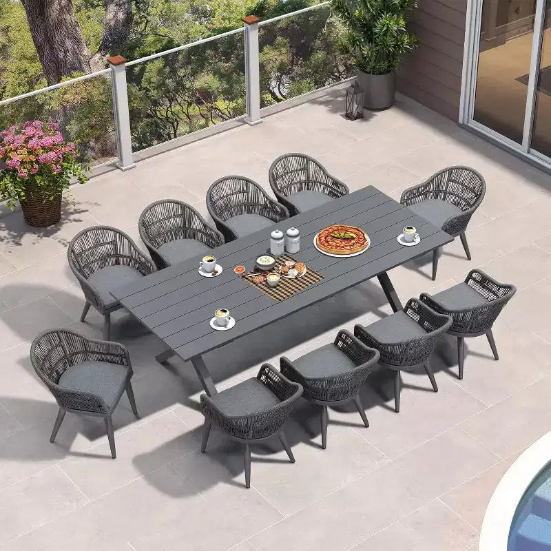 Ensemble de salle à manger d'extérieur PURPLE LEAF avec table à manger en aluminium et chaises en rotin tressé