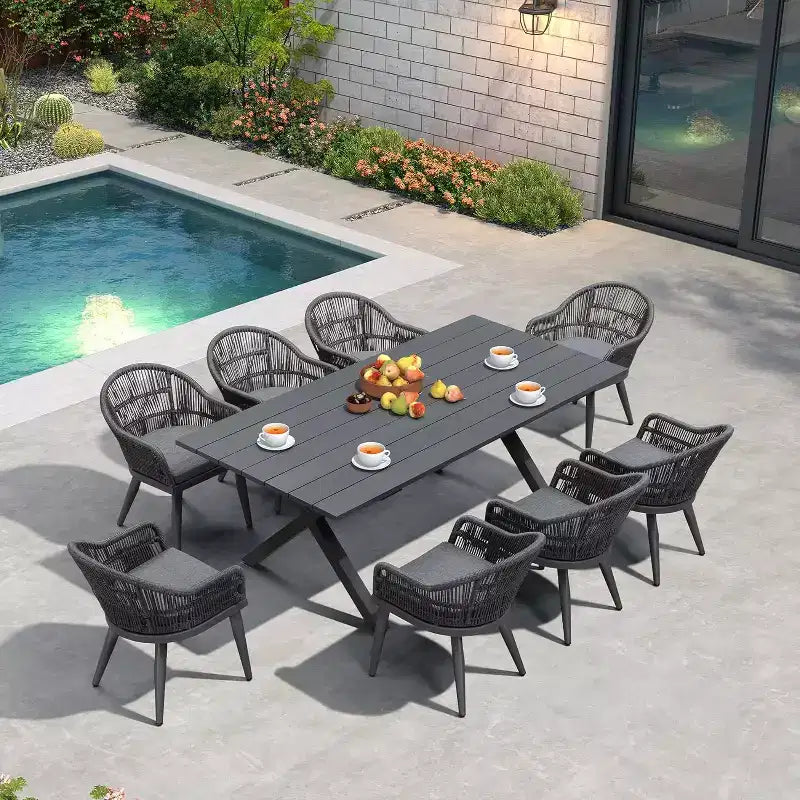 Ensemble de salle à manger d'extérieur PURPLE LEAF avec table à manger en aluminium et chaises en rotin tressé