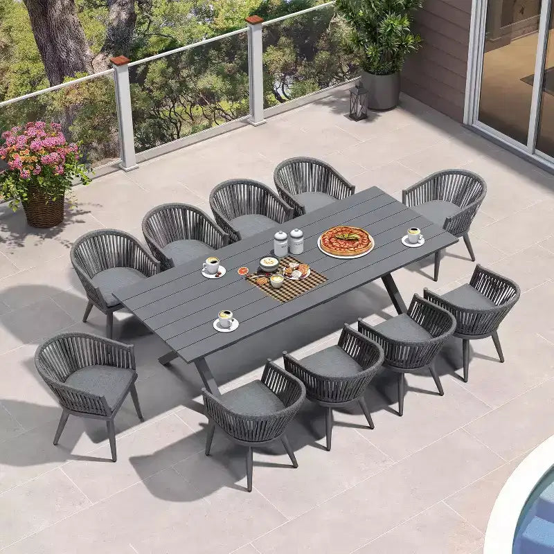 Ensemble de salle à manger d'extérieur PURPLE LEAF avec table à manger en aluminium et chaises en rotin tressé