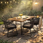 Christopher Knight Home Liz Transitional 7 Piece Outdoor Acacia Wood Slatted Dining Table with Rattan Cushioned Chairs