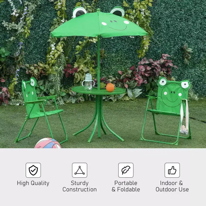 Tavolo da picnic pieghevole per bambini da esterno e set di sedie con ombrellone, 4 pezzi, verde