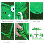 Tavolo da picnic pieghevole per bambini da esterno e set di sedie con ombrellone, 4 pezzi, verde