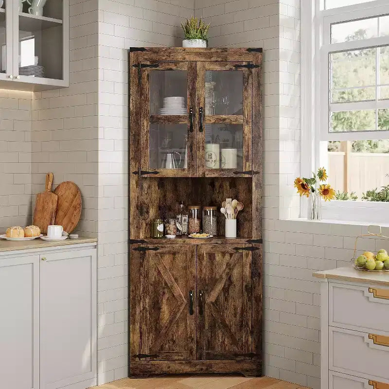 Mobile angolare alto da 69", mobile angolare da dispensa in stile rustico, salvaspazio, anta in vetro, ripiani regolabili, per soggiorno, cucina