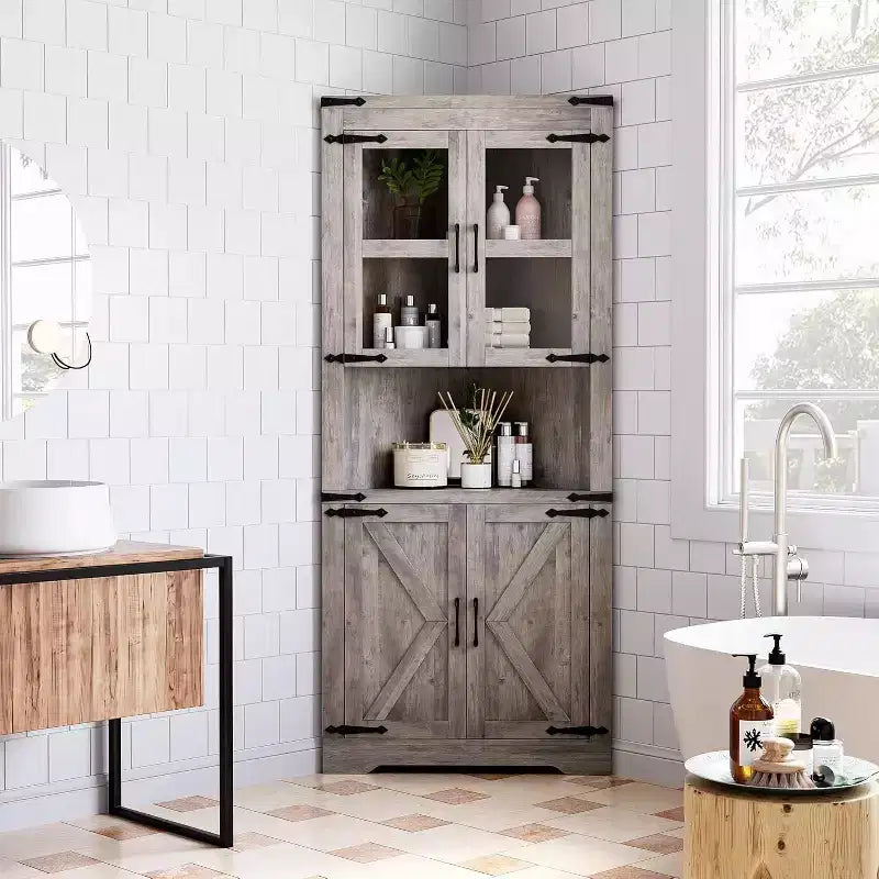 Mobile angolare alto da 69", mobile angolare da dispensa in stile rustico, salvaspazio, anta in vetro, ripiani regolabili, per soggiorno, cucina