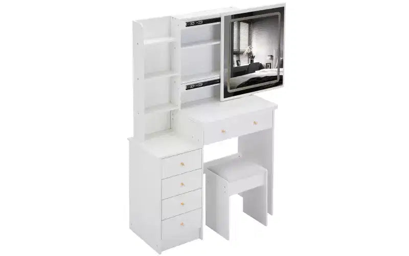 Toeletta di lusso da 94 cm con specchio scorrevole a LED, mobiletto contenitore, hub di alimentazione integrato, supporto per asciugacapelli e mobiletto laterale per camera da letto