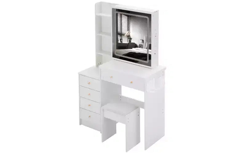 Toeletta di lusso da 94 cm con specchio scorrevole a LED, mobiletto contenitore, hub di alimentazione integrato, supporto per asciugacapelli e mobiletto laterale per camera da letto