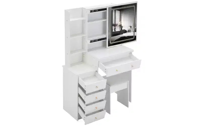 Toeletta di lusso da 94 cm con specchio scorrevole a LED, mobiletto contenitore, hub di alimentazione integrato, supporto per asciugacapelli e mobiletto laterale per camera da letto