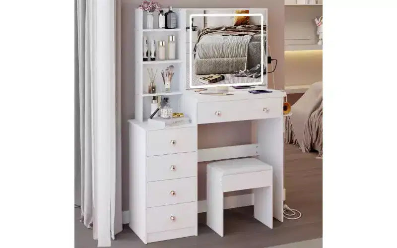 Toeletta di lusso da 94 cm con specchio scorrevole a LED, mobiletto contenitore, hub di alimentazione integrato, supporto per asciugacapelli e mobiletto laterale per camera da letto