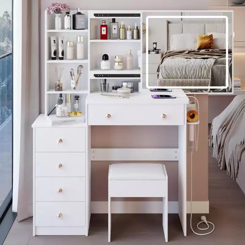 Toeletta di lusso da 94 cm con specchio scorrevole a LED, mobiletto contenitore, hub di alimentazione integrato, supporto per asciugacapelli e mobiletto laterale per camera da letto