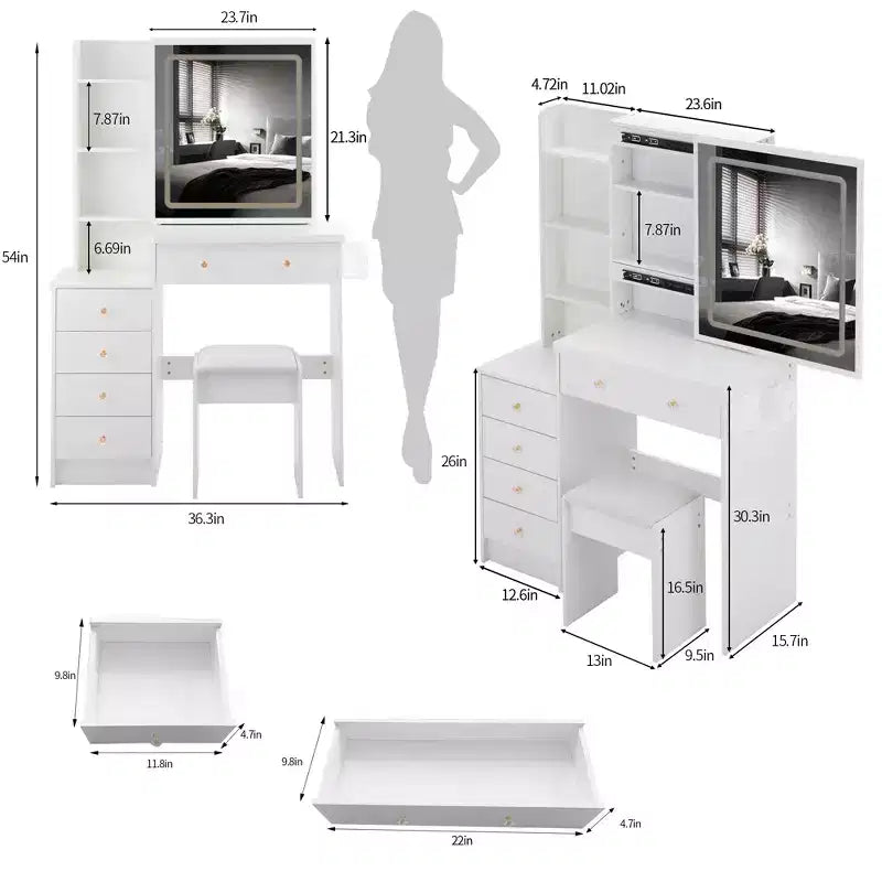 Toeletta di lusso da 94 cm con specchio scorrevole a LED, mobiletto contenitore, hub di alimentazione integrato, supporto per asciugacapelli e mobiletto laterale per camera da letto