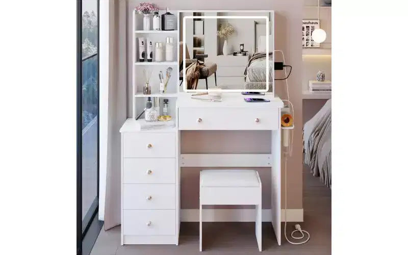Toeletta di lusso da 94 cm con specchio scorrevole a LED, mobiletto contenitore, hub di alimentazione integrato, supporto per asciugacapelli e mobiletto laterale per camera da letto