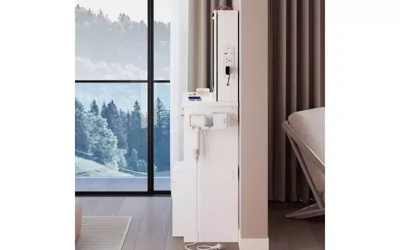 Toeletta di lusso da 94 cm con specchio scorrevole a LED, mobiletto contenitore, hub di alimentazione integrato, supporto per asciugacapelli e mobiletto laterale per camera da letto